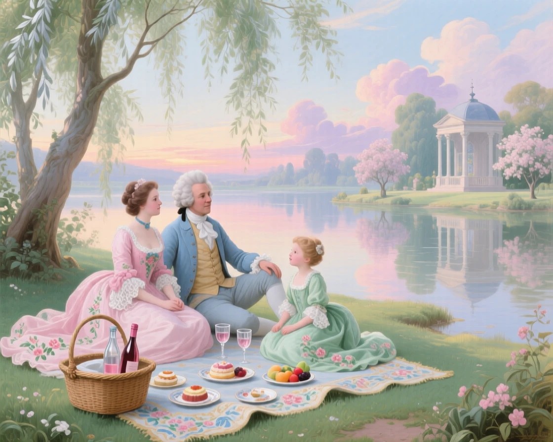 A family picnic beneath willow trees beside a calm river  