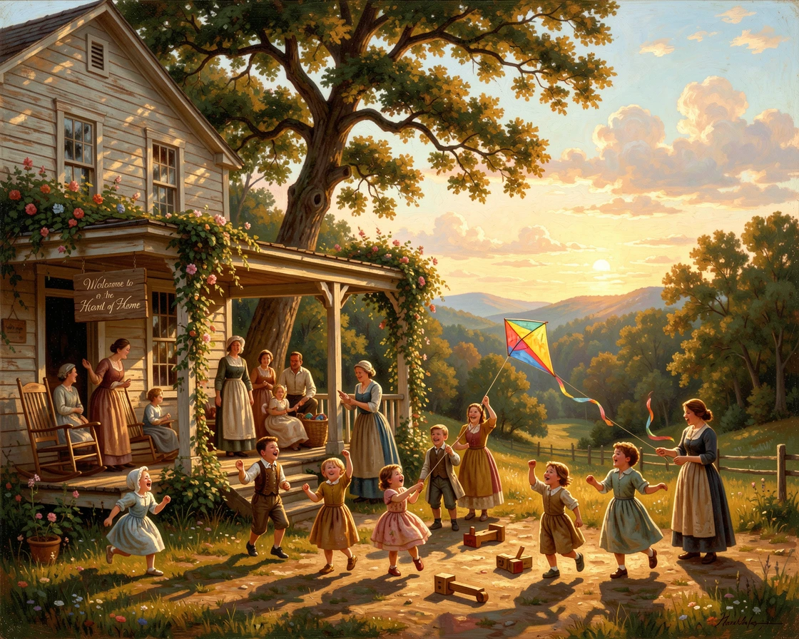 A large family gathering plays together near a sunlit farmhouse porch as laughter fills the air.