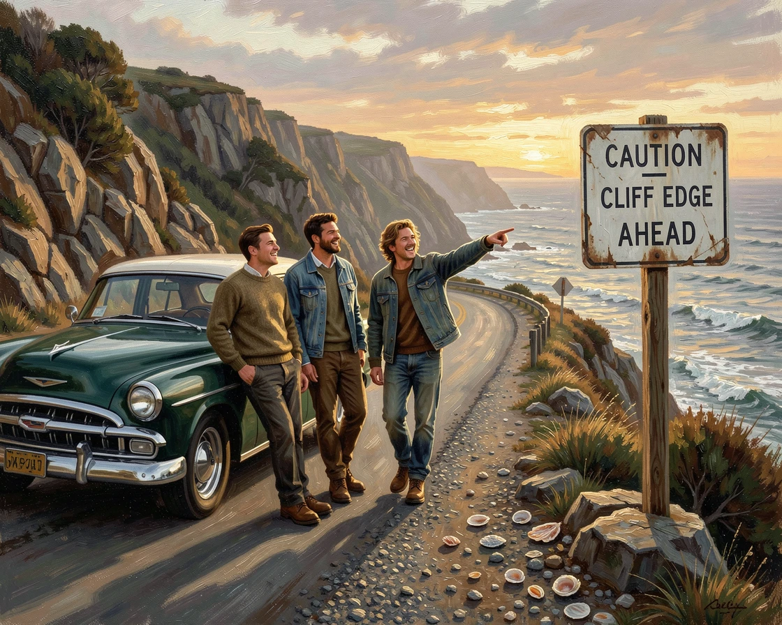 A group of friends road-tripping along a dramatic coastal highway, as the golden light of dawn or dusk sets the perfect adventurous mood, celebrating exploration, discovery, and unforgettable experiences