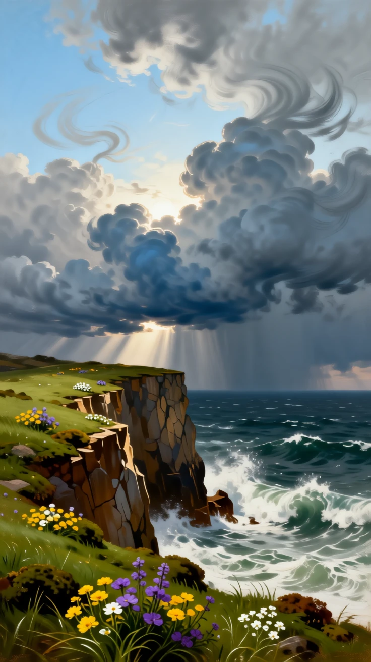 A coastal cliff overlooking crashing waves beneath a stormy sky alive with the quiet motion of wind and water, set far from any signs of human presence, with wildflowers scattered like scattered jewels across the green; a low horizon line gives dramatic weight to an expansive sky, radiating the serene majesty of untouched nature.