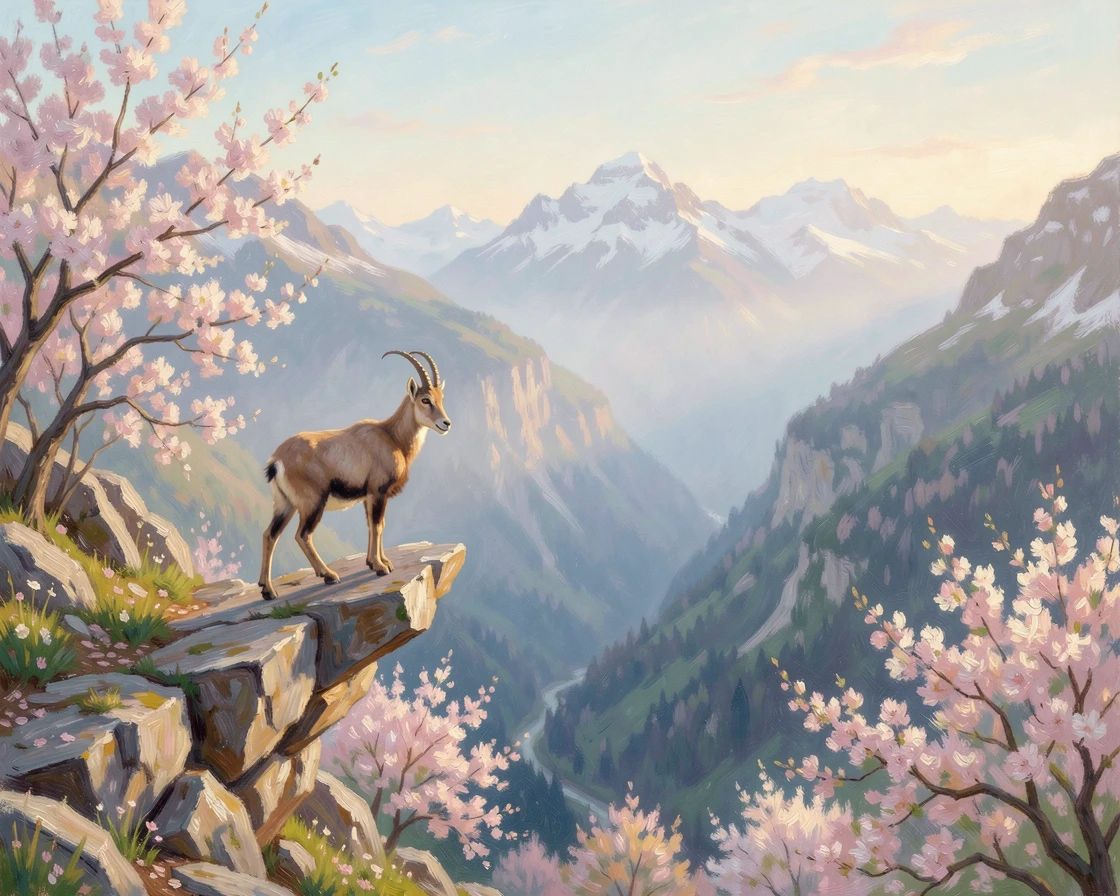 A mountain goat perched on a narrow rocky ledge overlooking a dramatic alpine valley, just as the first blossoms of spring appear, filled with a cozy, comforting atmosphere.