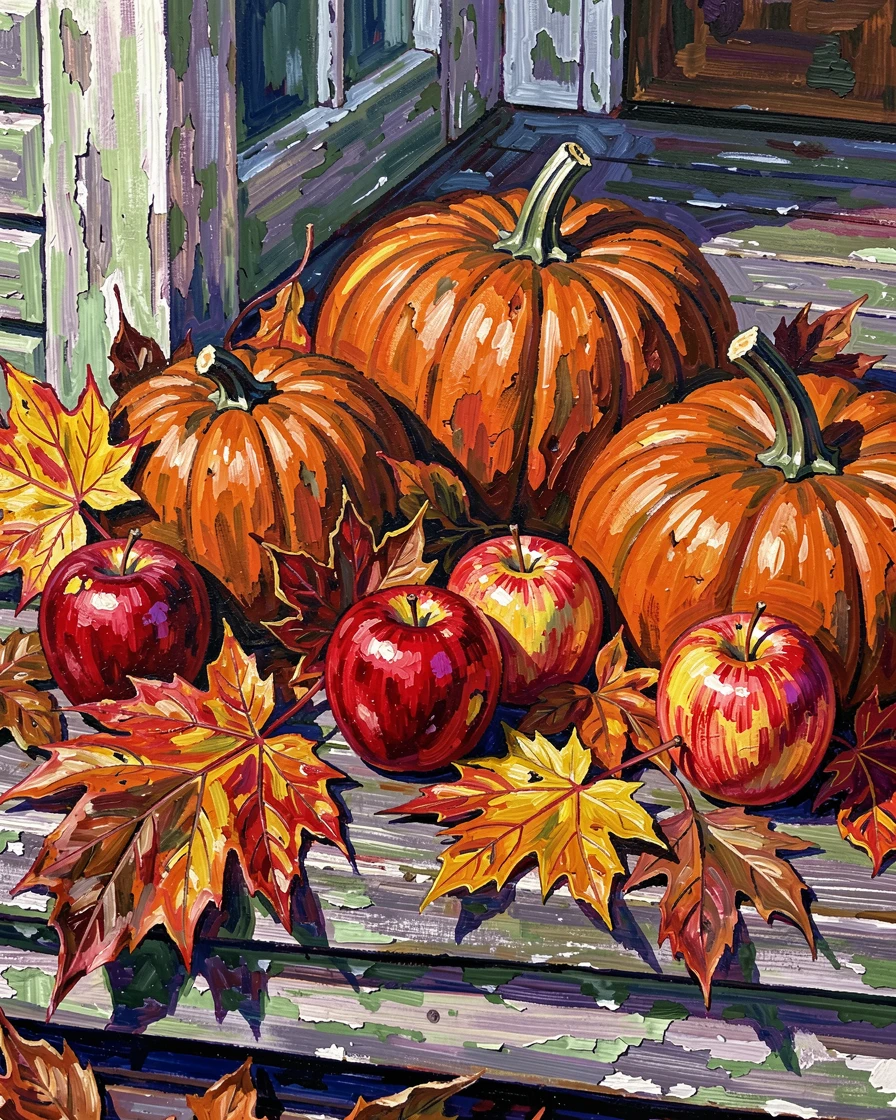 A still life of pumpkins, apples, and fallen leaves arranged on a rustic porch step.