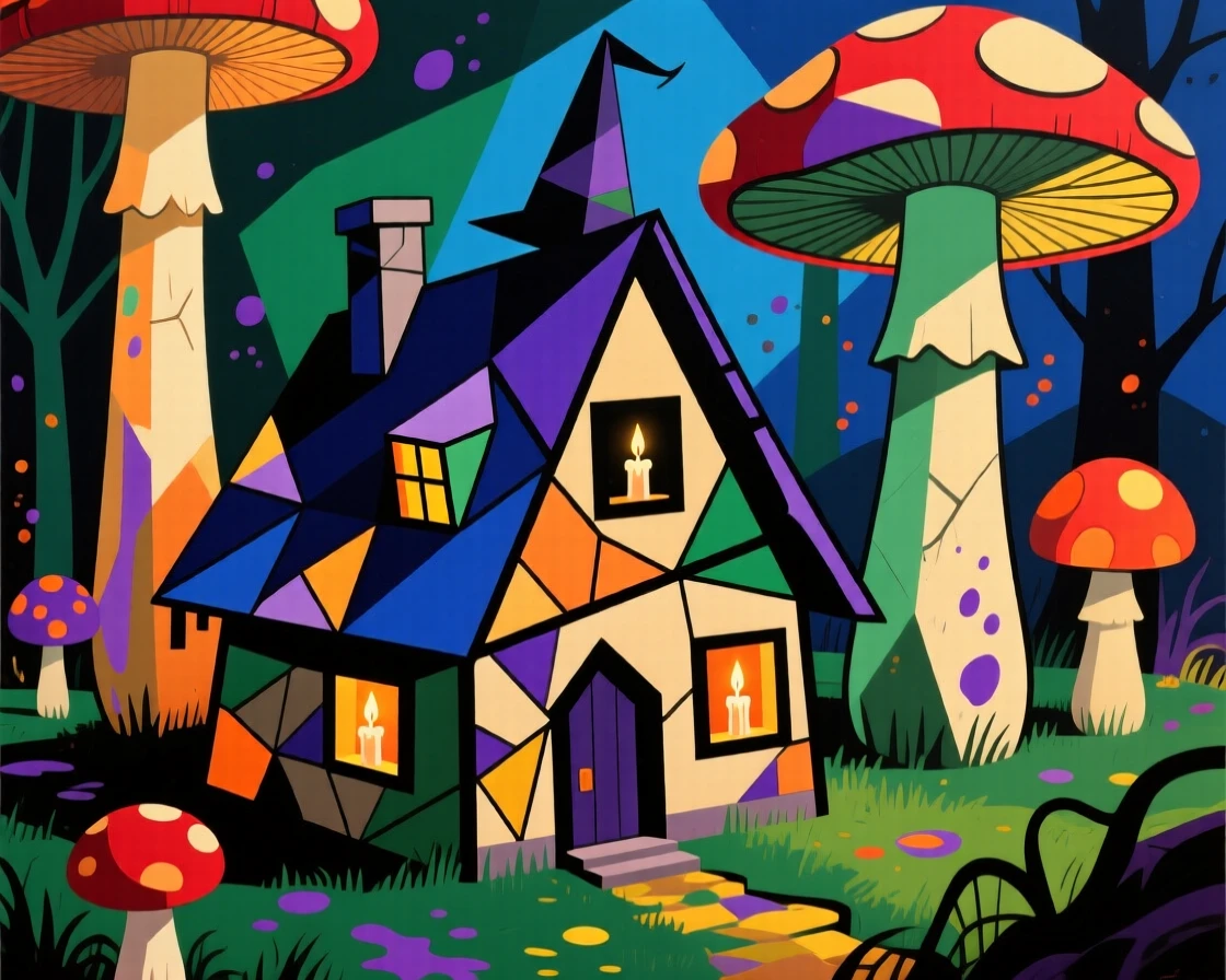 A witch's cottage nestled among towering mushrooms in an enchanted glade.