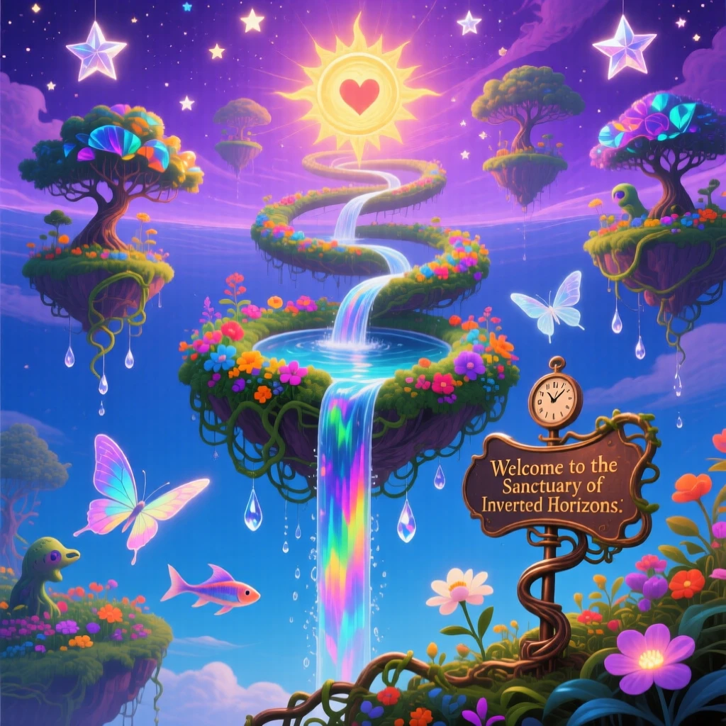 A spiral of floating gardens circling a hidden sun hangs suspended between two identical skies, while streams of water arc upward instead of down.