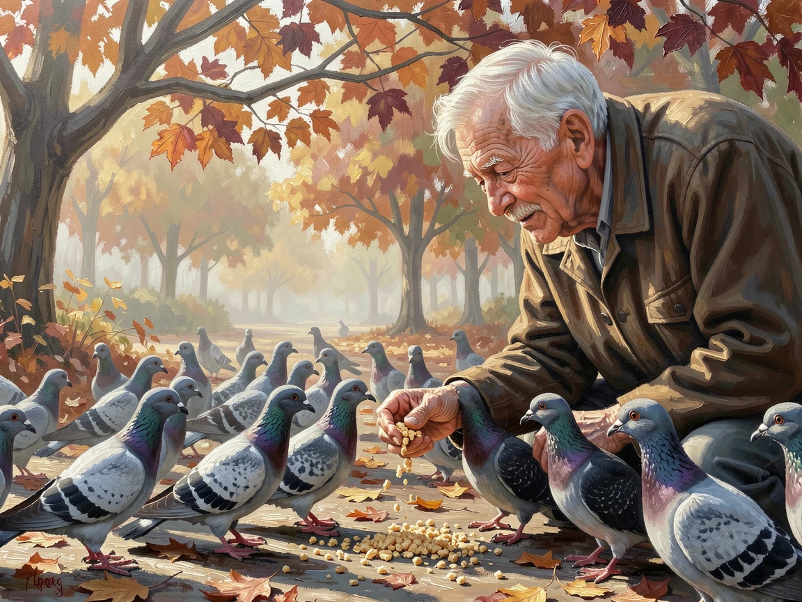 An elderly man feeds breadcrumbs to a flock of pigeons in a quiet park, morning light filtering through autumn leaves above, a sense of genuine, unguarded emotion captured in the small details of their expression.