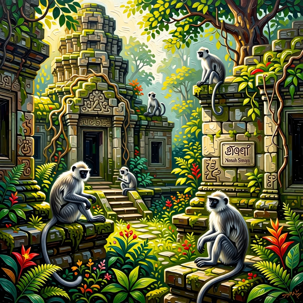 A troop of langur monkeys resting among ancient temple ruins overtaken by jungle