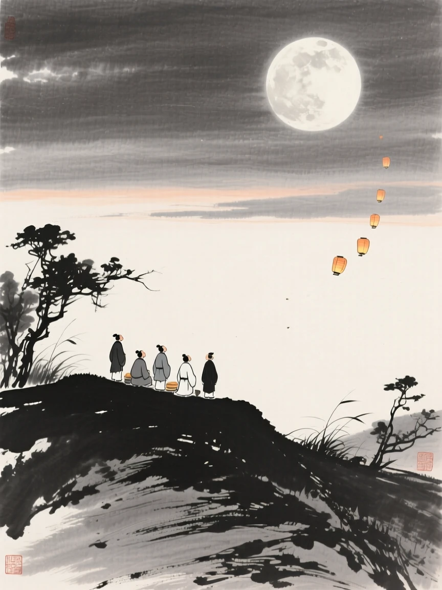 A group gathers on a hillside to watch the rise of the harvest moon, as the last lanterns drift slowly out of sight.