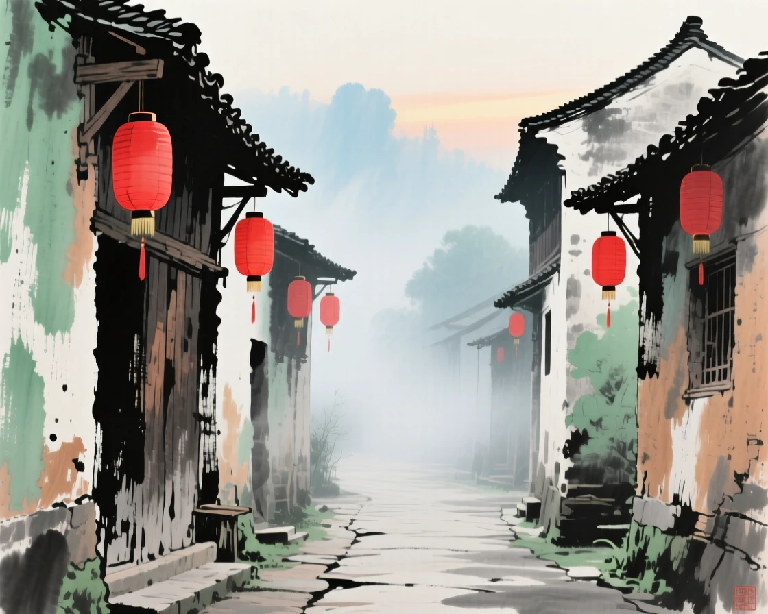 A row of red lanterns hanging along an old village lane, as morning mist begins to lift, through a light drifting mist.