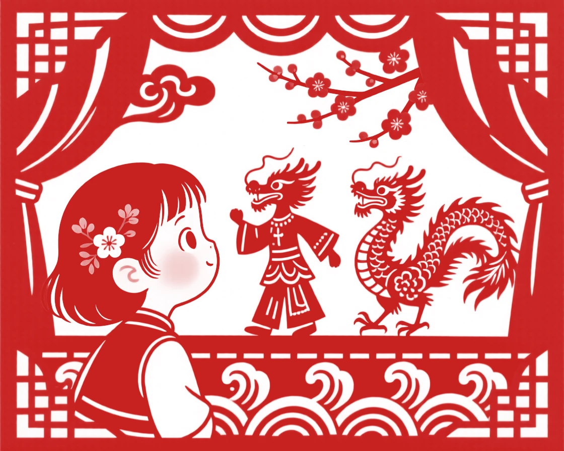 A curious little girl, watching a puppet show with wide, delighted eyes, the scent of blossoms filling the spring air.