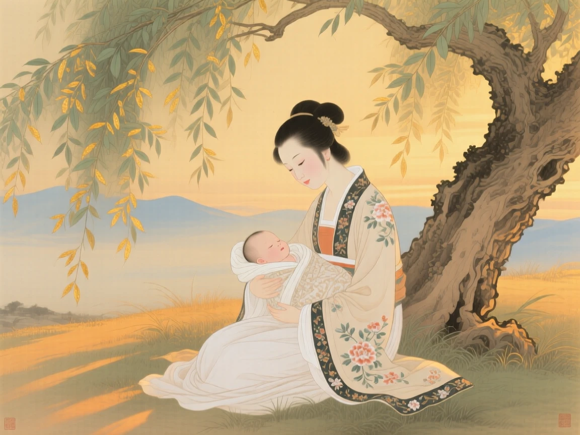 A young mother humming a lullaby while rocking her baby beneath a willow tree, at golden hour, long shadows stretching across the grass