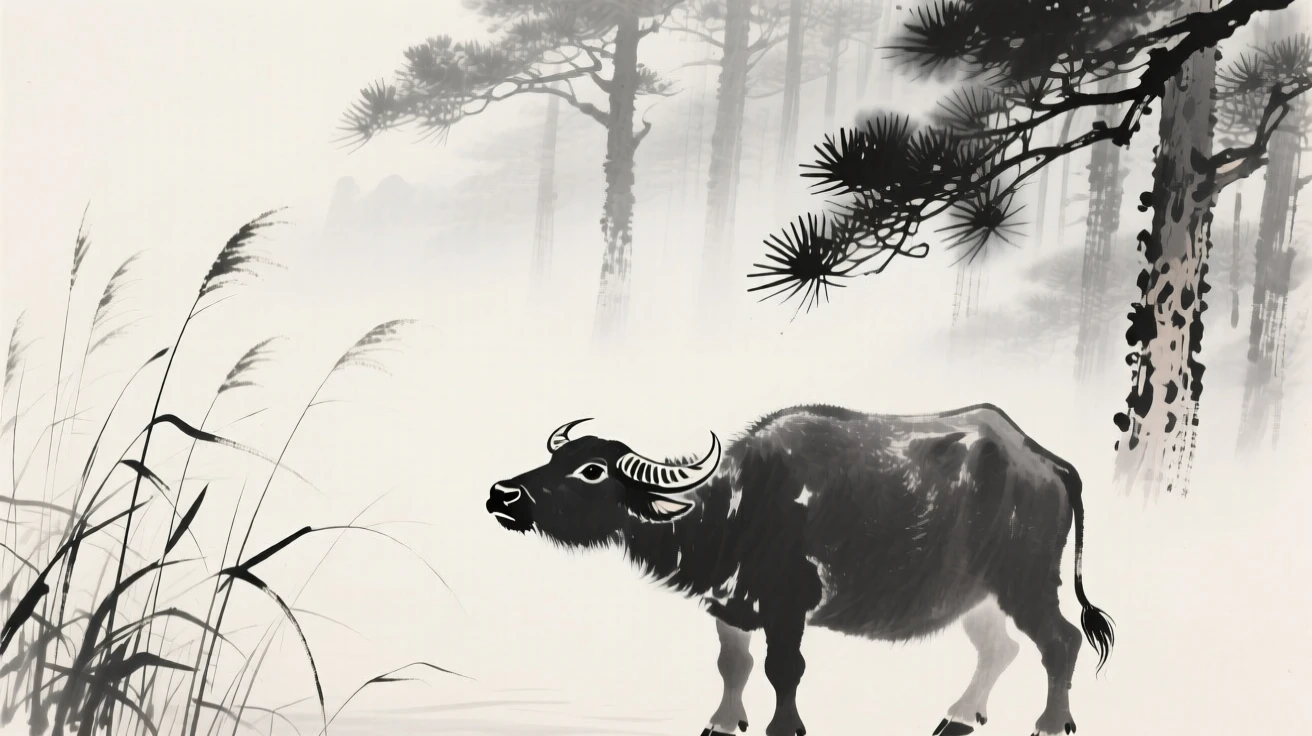 A water buffalo watching quietly from behind a stand of reeds in a misty pine forest, positioned off-center, leaving space for the quiet landscape around it, suggesting calm alertness within a peaceful world.