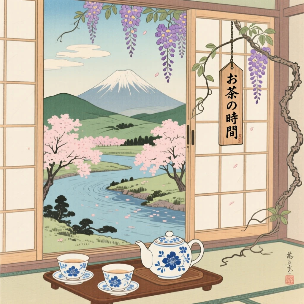 A delicate ceramic tea set placed beside an open window.