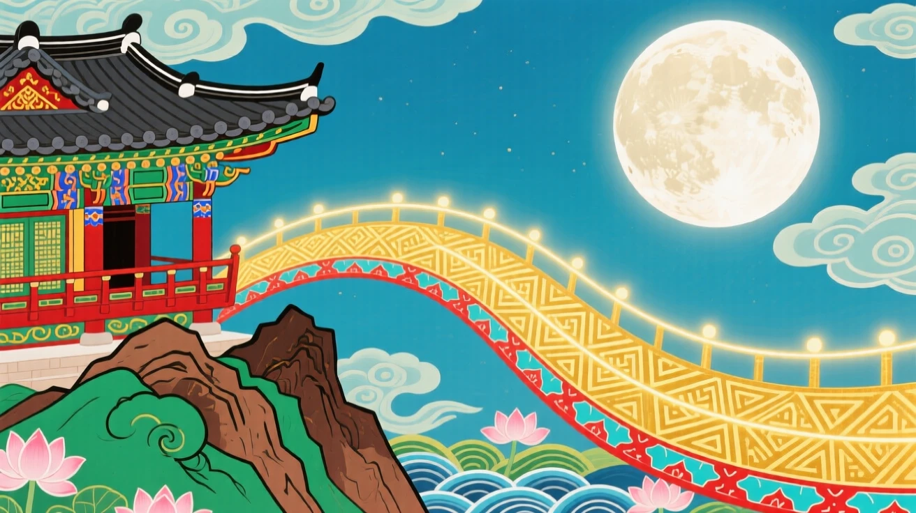 A sky bridge of golden light connecting a mountain shrine to the moon.