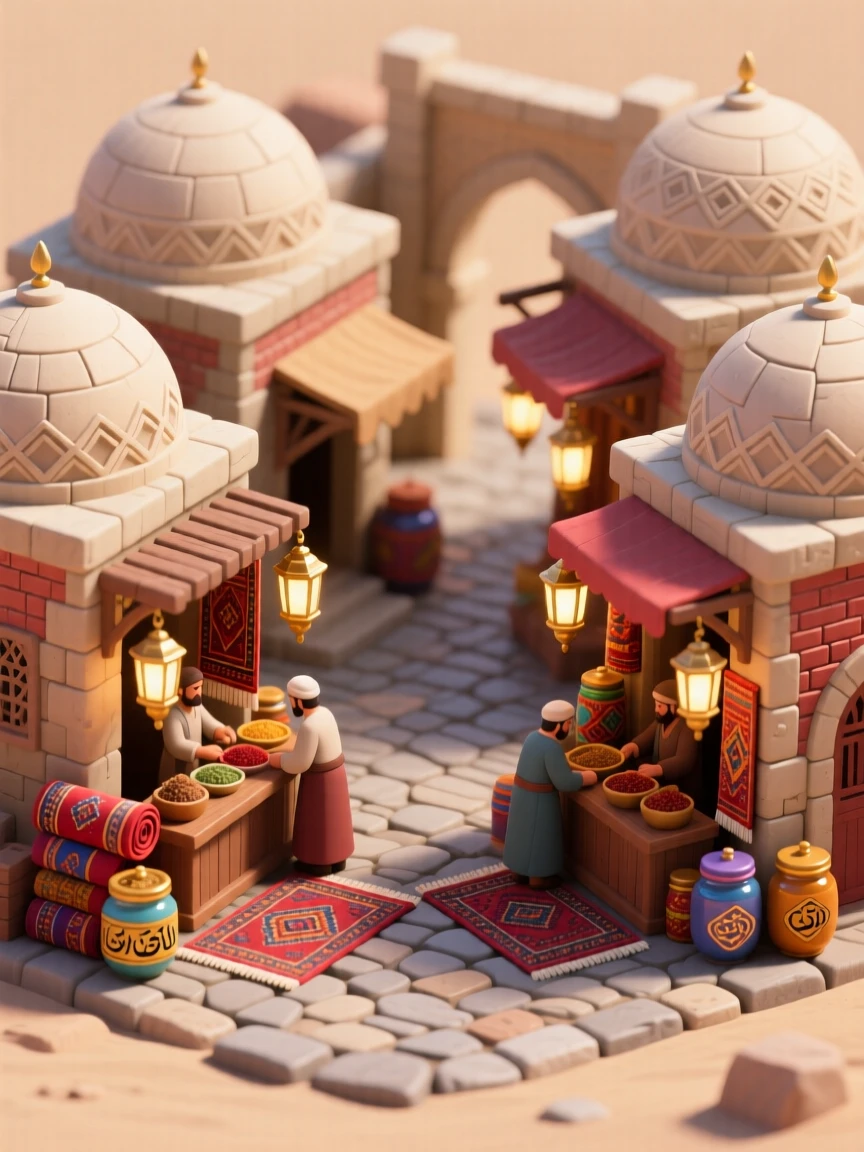 An ancient Ottoman bazaar with domed ceilings, merchants selling rugs and spices, and lanterns casting warm light throughout.