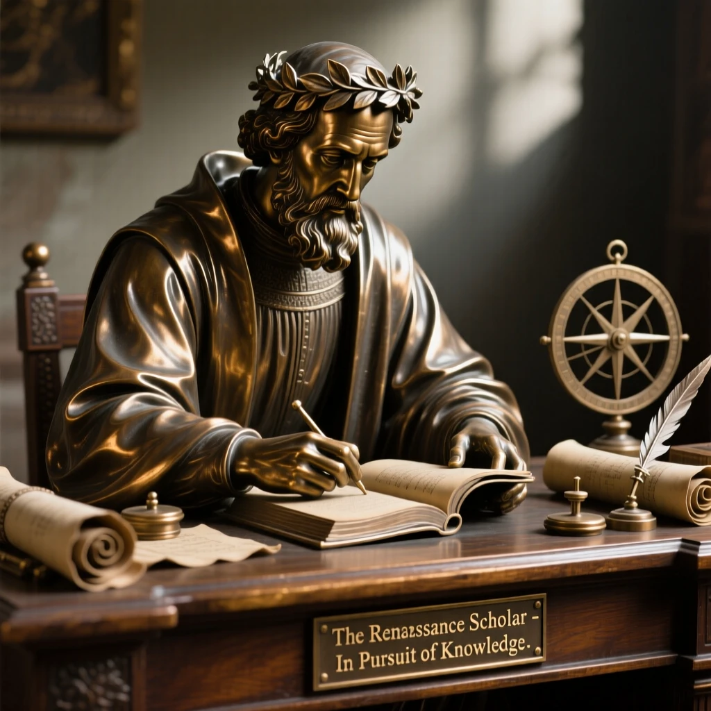 A renaissance scholar surrounded by scrolls and instruments, framed by soft, dramatic shadows, forming a strong central focal point