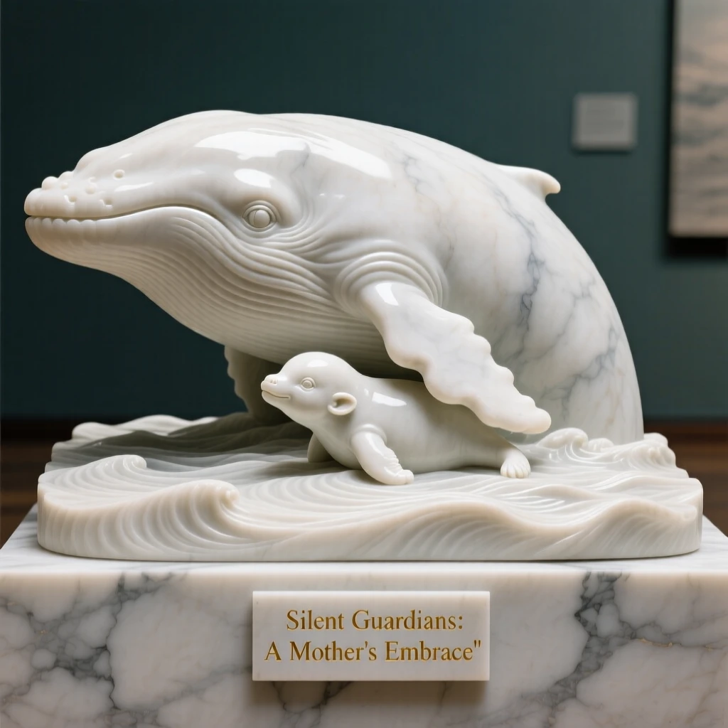 A vivid, emotionally rich scene of a mother whale swimming beside her calf, in a moment of quiet stillness, designed to captivate and inspire