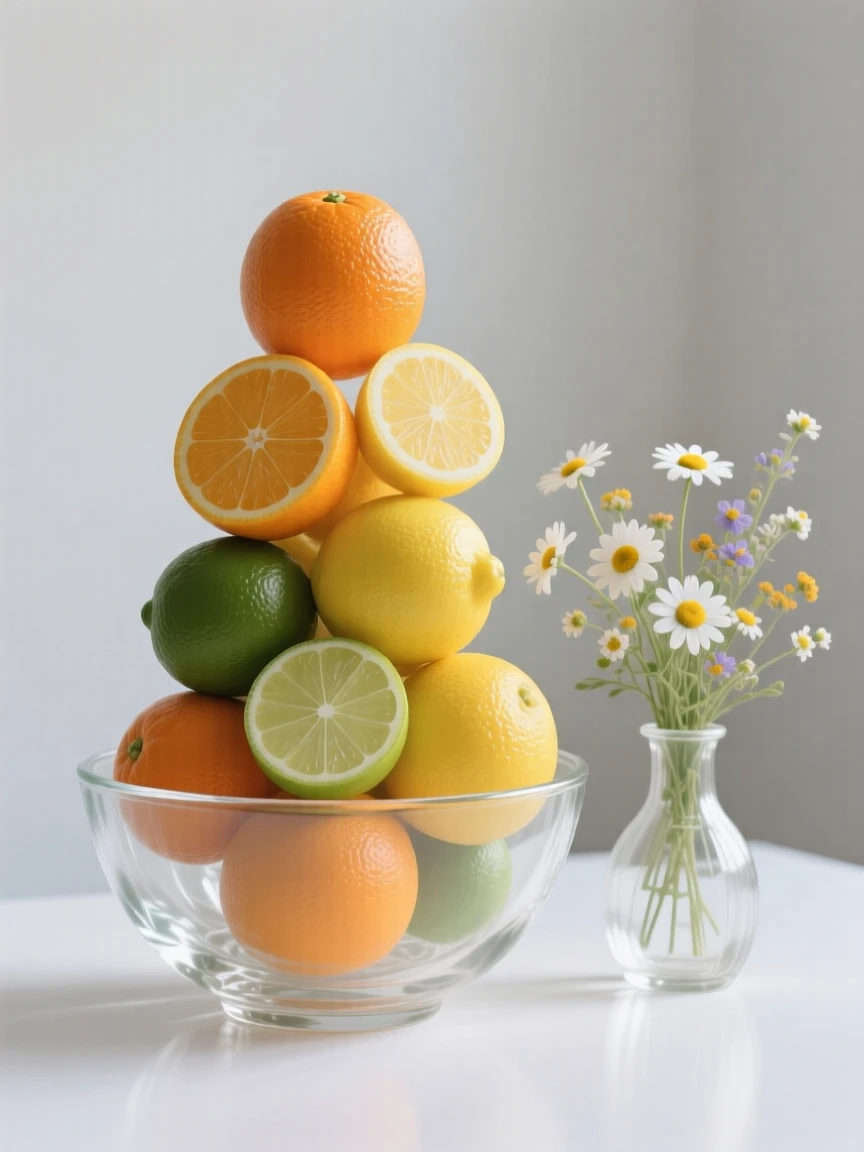 A stack of citrus fruit piled high in a wide bowl beside a small vase of freshly cut flowers
