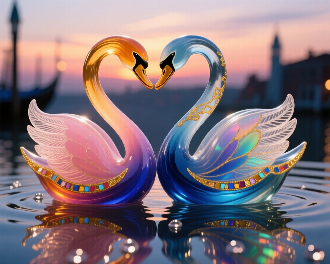 A pair of swans forming a heart shape above their rippling reflection at the last light of sunset, romantic and iconic.