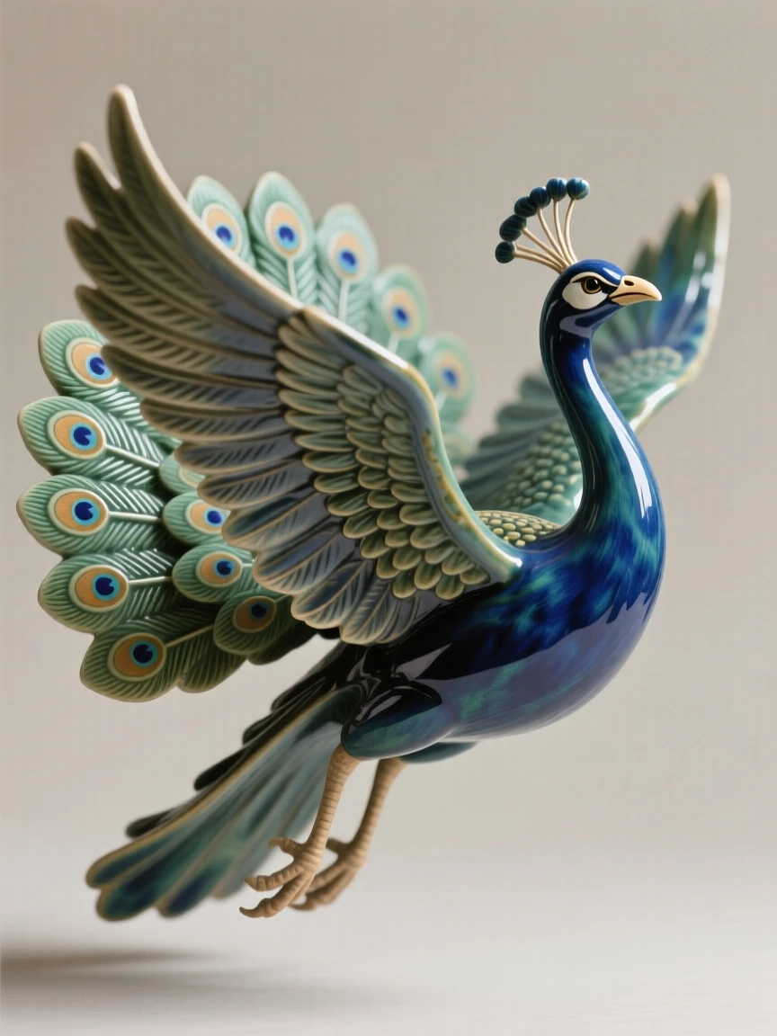 A peacock fanning its full plumage captured mid-flight with wings fully spread, with delicate antennae catching the breeze, stirring quiet joy and gentle wonder.