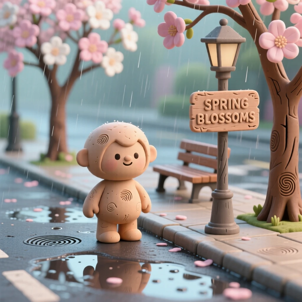 A springtime rain-washed street reflecting blossoming trees