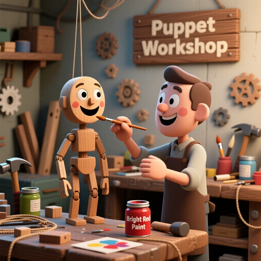 A cheerful puppet maker paints a wooden marionette's smiling face inside a cluttered workshop filled with spare parts.