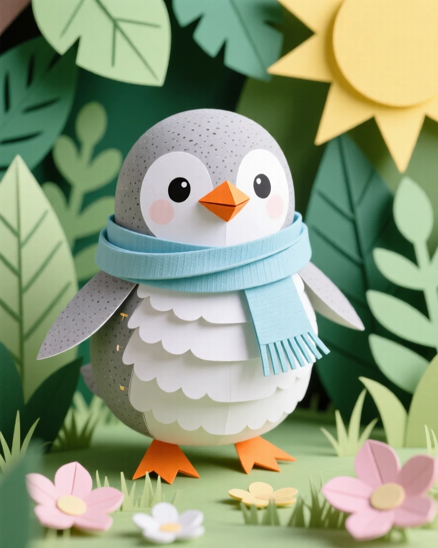 A round penguin chick in a scarf bouncing through a sunlit garden, with a comically cross-eyed expression, conveying playful, heartwarming delight.