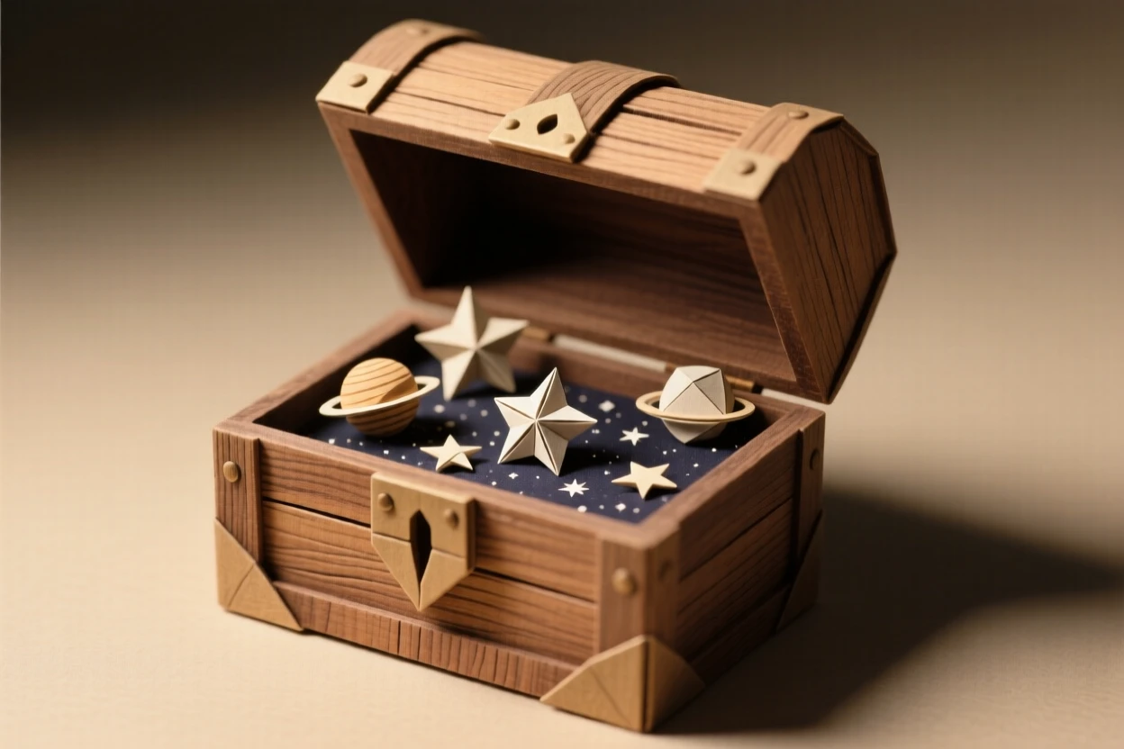 A pocket-sized universe contained inside an old wooden treasure chest.