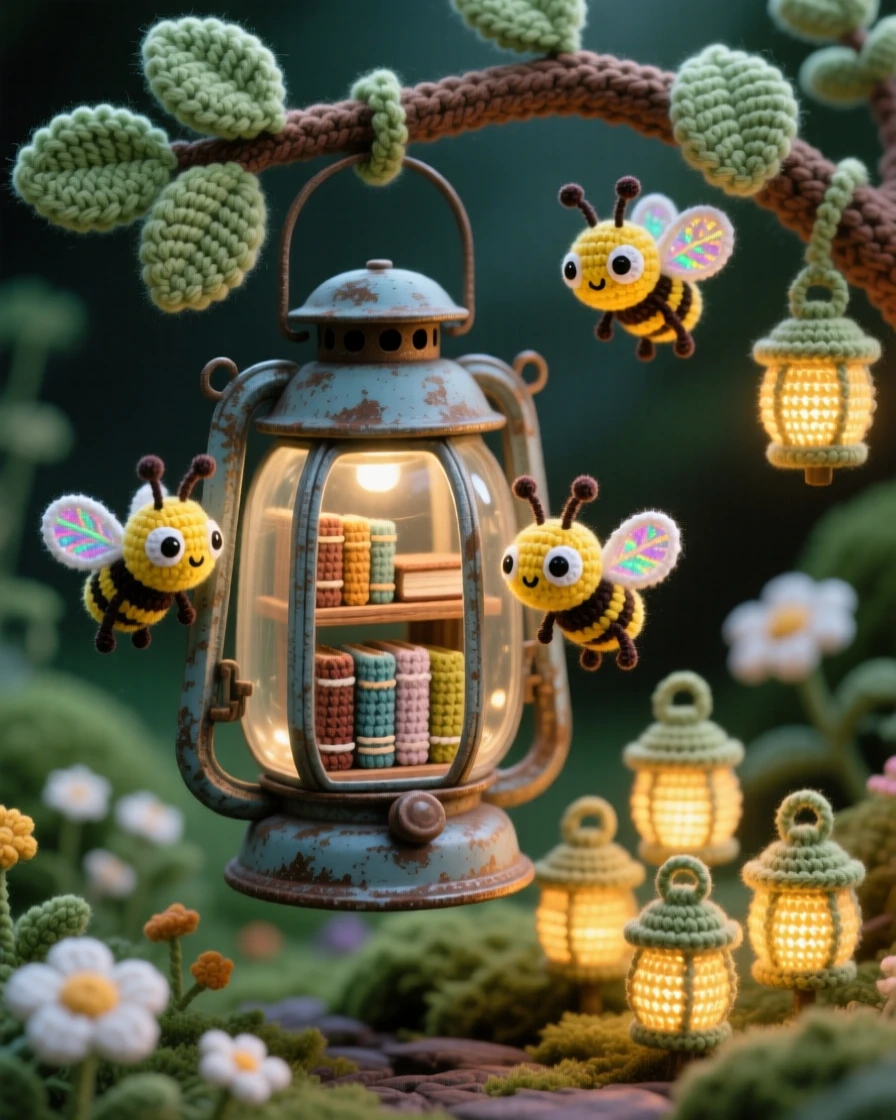 a tiny library built inside an old lantern, glowing warmly with soft light, is shown hanging from a branch in a quiet garden, surrounded by softly glowing fireflies, surrounded by a cluster of miniature glowing lanterns, radiating gentle magical wonder.