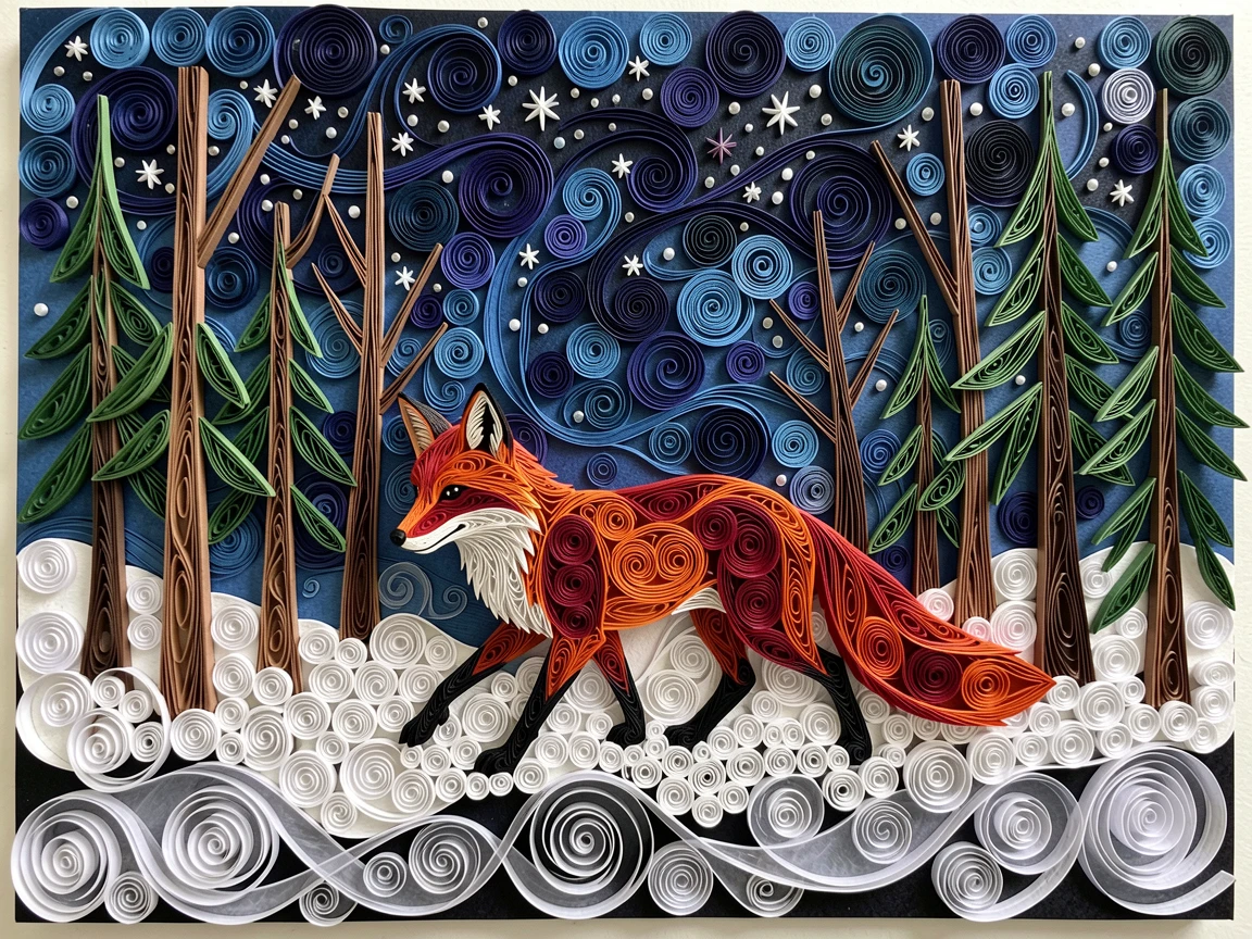 a red fox trotting through a snow-dusted forest, beneath a vast star-filled night sky, composed with strong leading lines toward the subject, with mist rolling low across the ground.