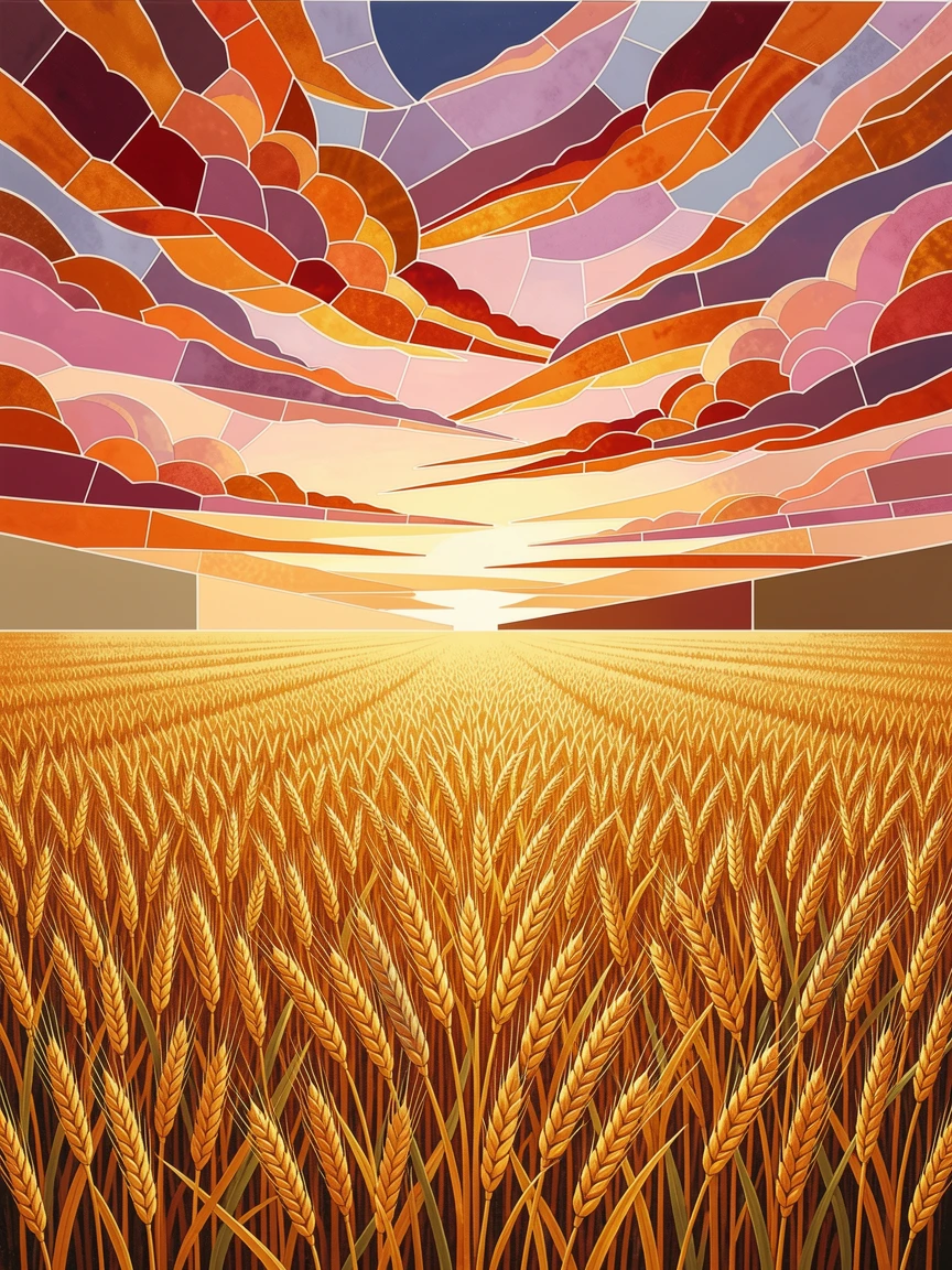 A wide panoramic view of a golden wheat field stretching to the horizon beneath a dramatic sunset sky, with dramatic clouds and rich natural color.
