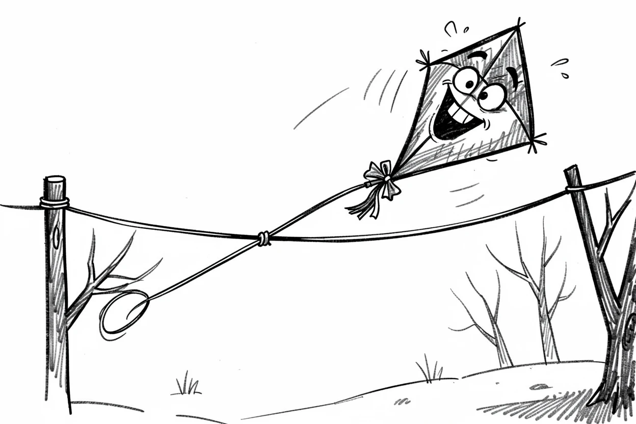 A kite tugging excitedly at its string in the wind on a clothesline in winter.