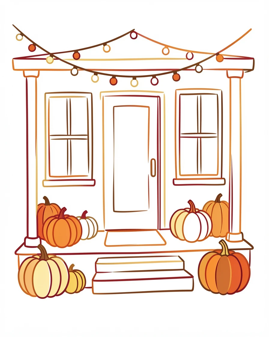 A cozy autumn porch decorated with pumpkins and strings of fairy lights.