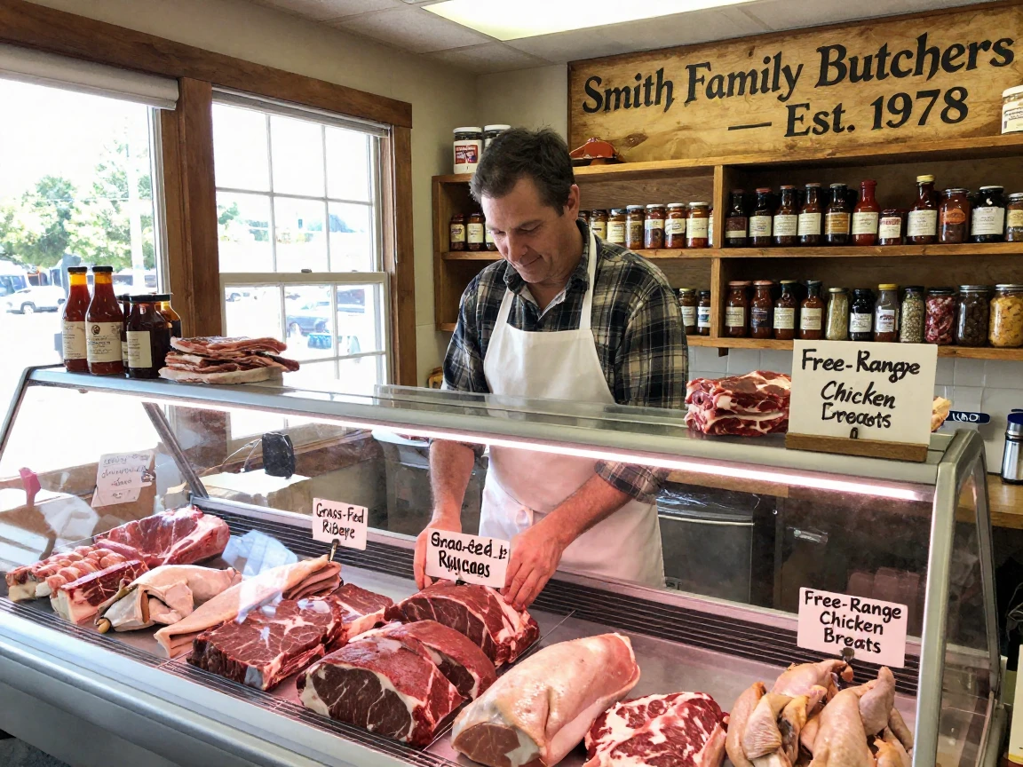 A local butcher arranges cuts of meat behind glass at a family-run shop.