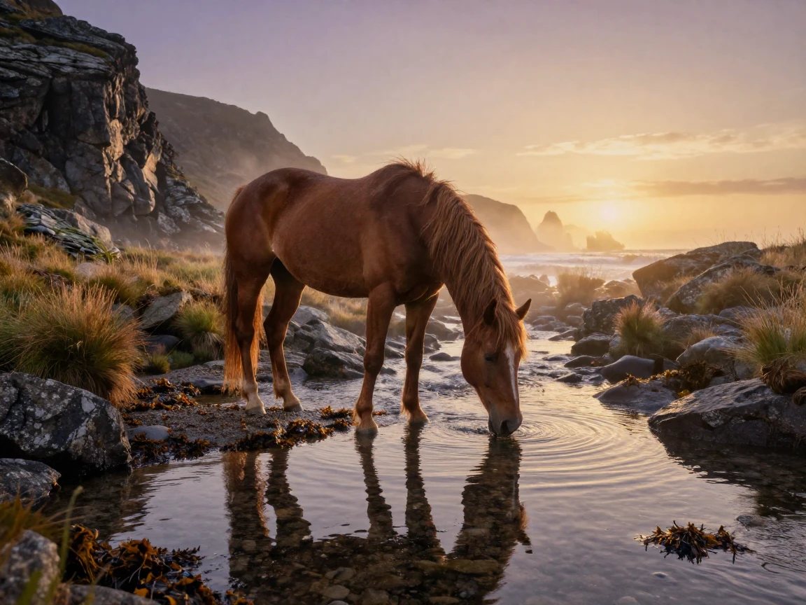 A majestic stallion drinking from a clear mountain stream along a rugged coastal shoreline as the day slowly fades
