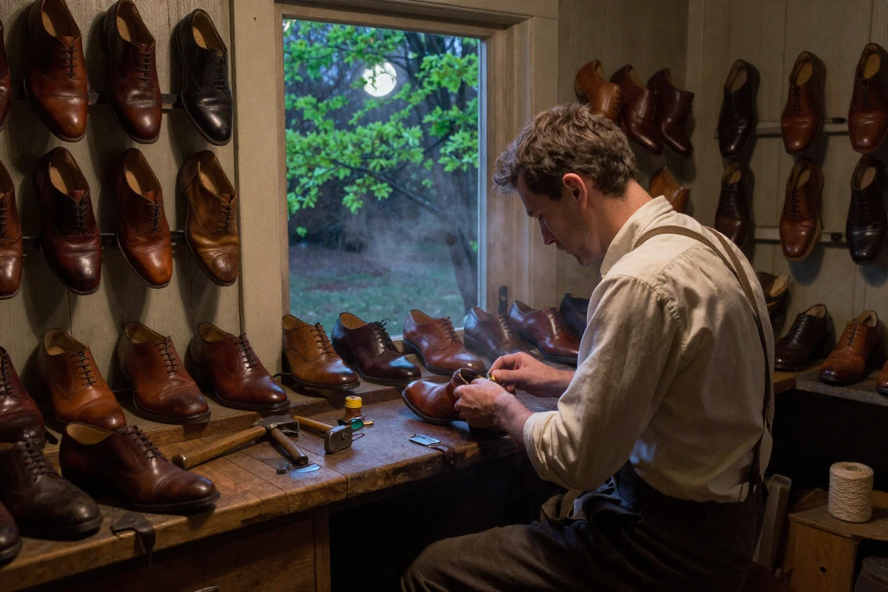A cobbler's workshop lined with rows of leather shoes, under moonlight, as heat shimmers over the ground, in early spring, with deep emerald greens and browns, over the shoulder of the main subject.