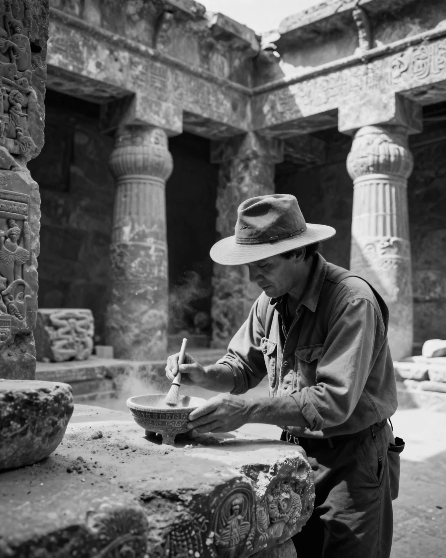 An archaeologist brushes dust from an ancient artifact inside a half-buried ancient temple.