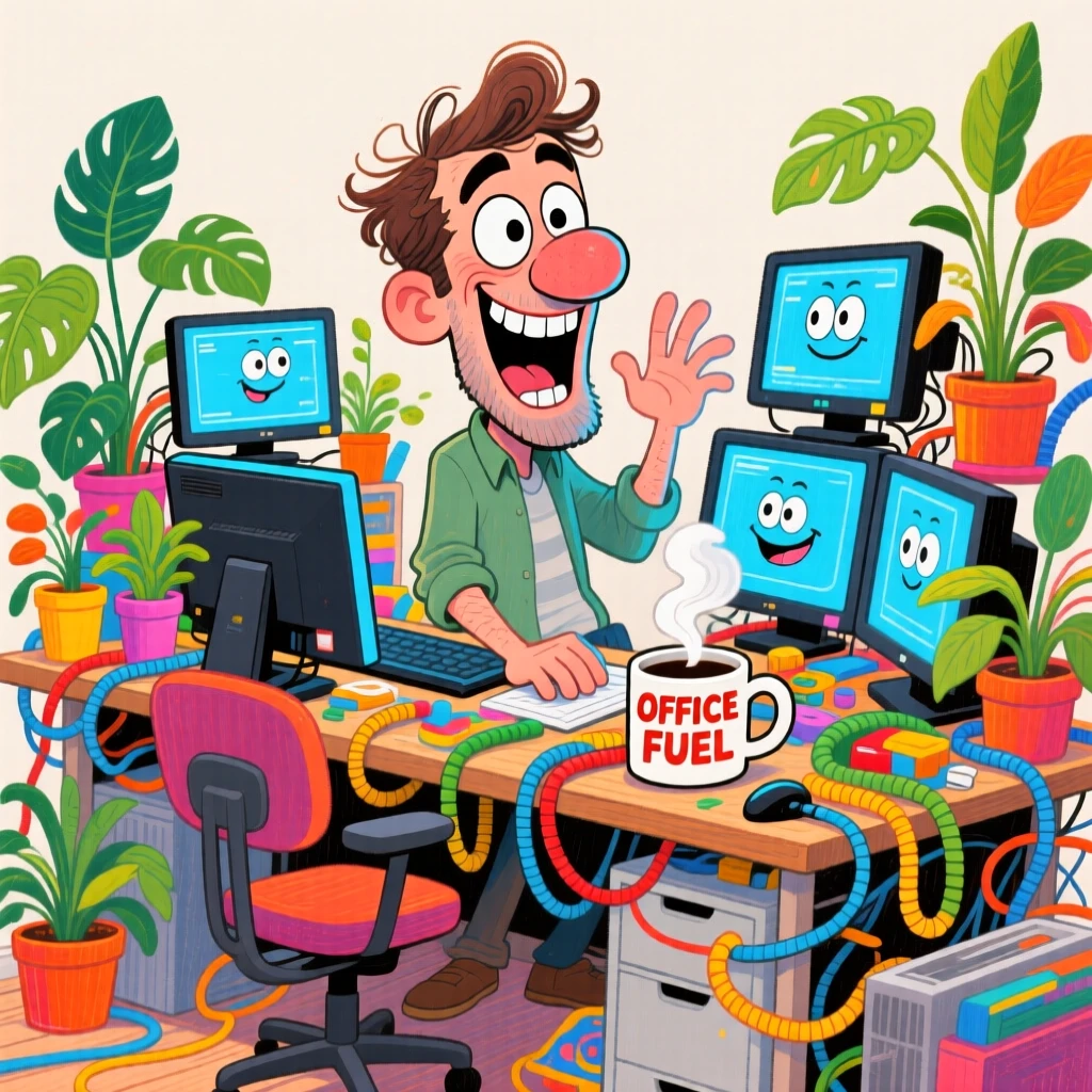 A man setting up an elaborate home office desk with plants and multiple monitors.