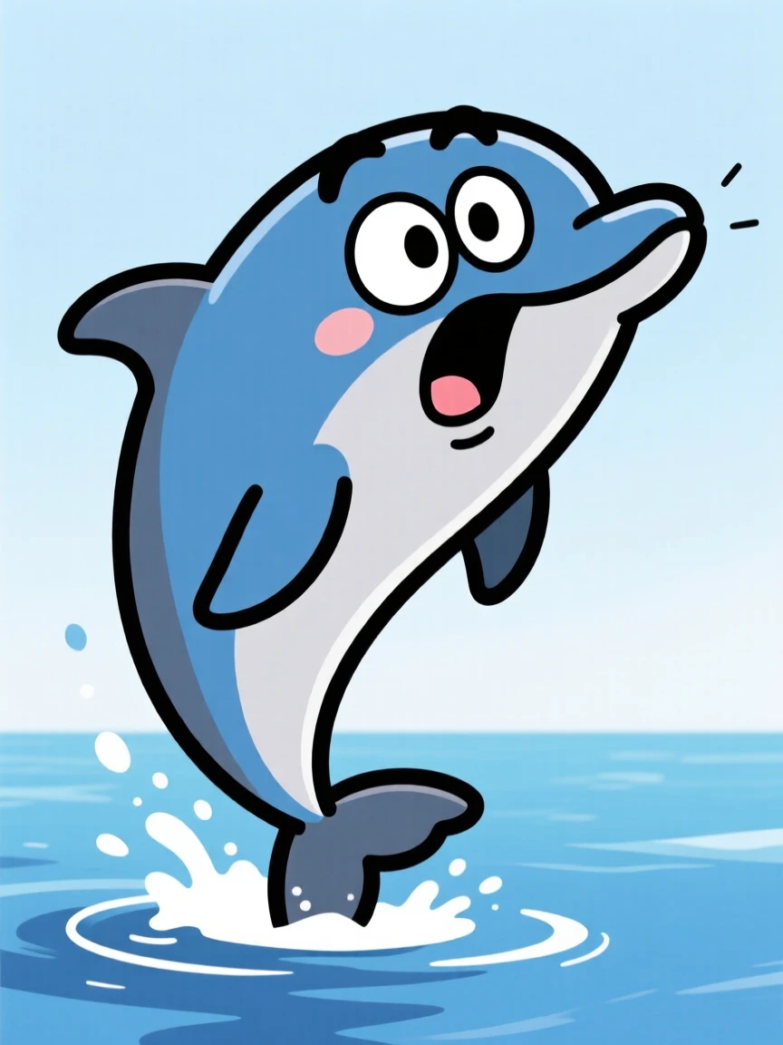A charming animal moment featuring a playful dolphin reacting with wide-eyed surprise to something offscreen, with an exaggerated, comically expressive face.