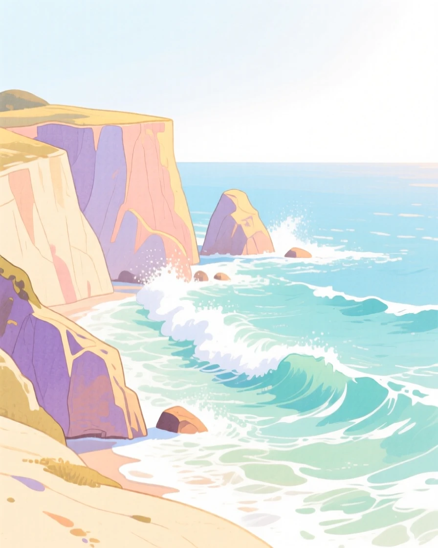 A serene landscape of a coastal cliff overlooking crashing turquoise waves bathed in warm afternoon sun