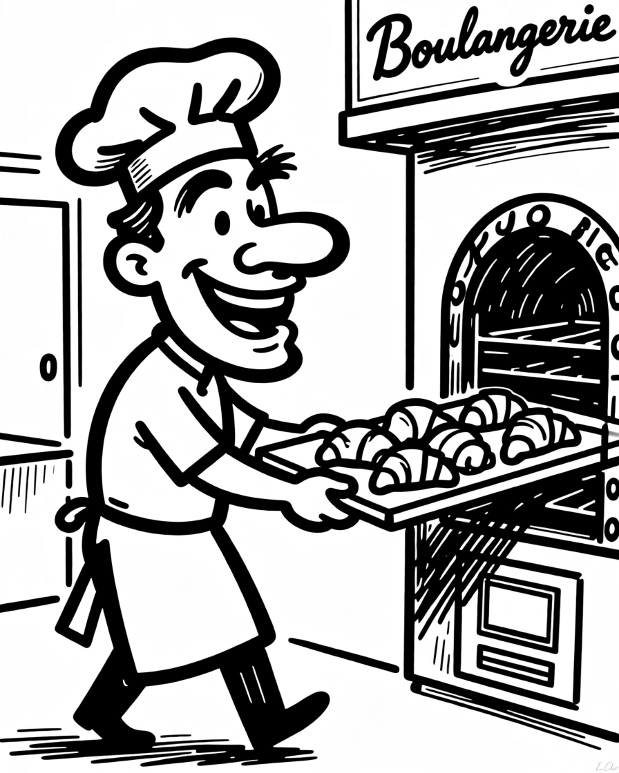 A baker pulling golden, flaky croissants from a Parisian bakery oven at dawn.