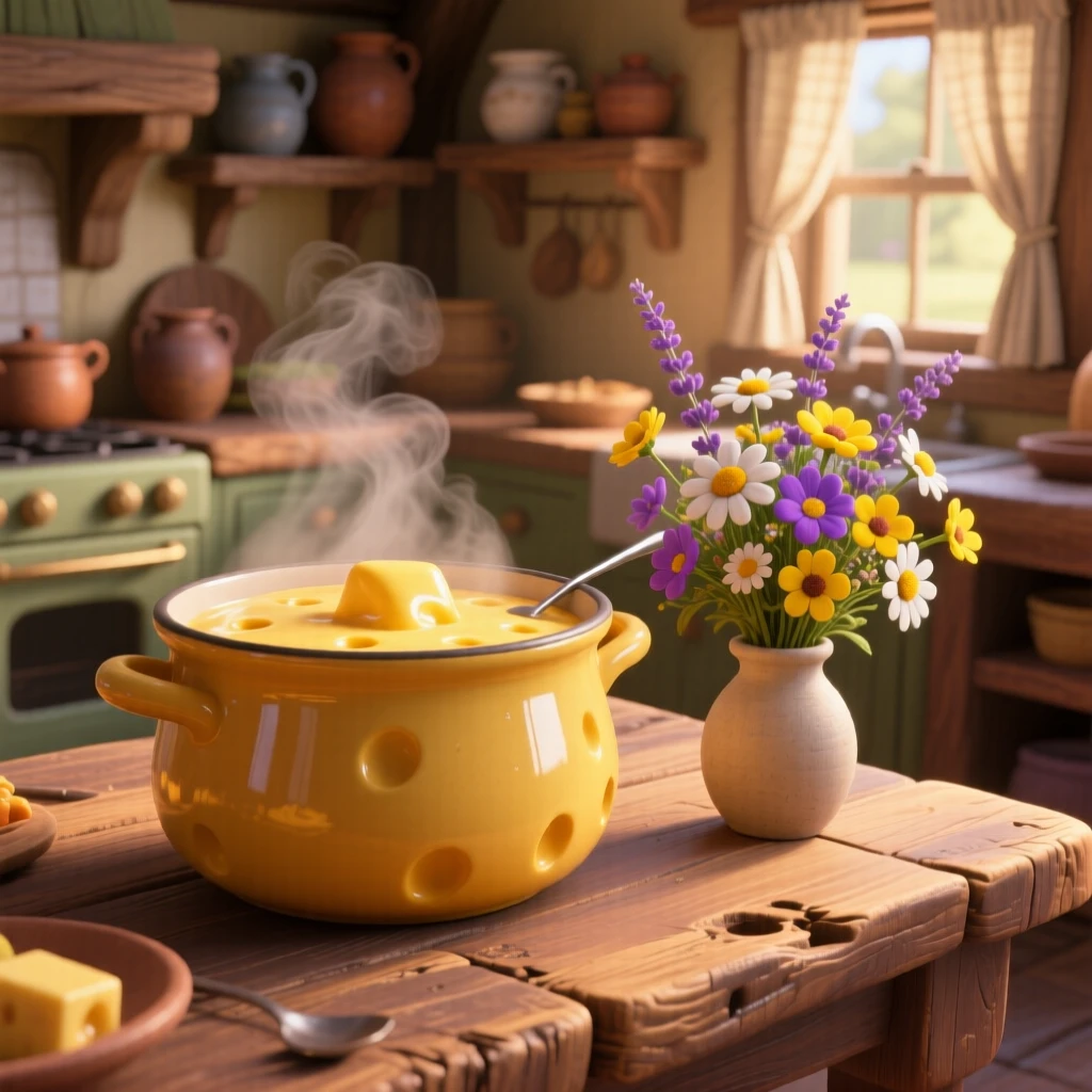 A bubbling pot of cheese fondue sits on a rustic wooden farmhouse table, with a small vase of wildflowers nearby. The scene feels inviting, warm, and delicious.