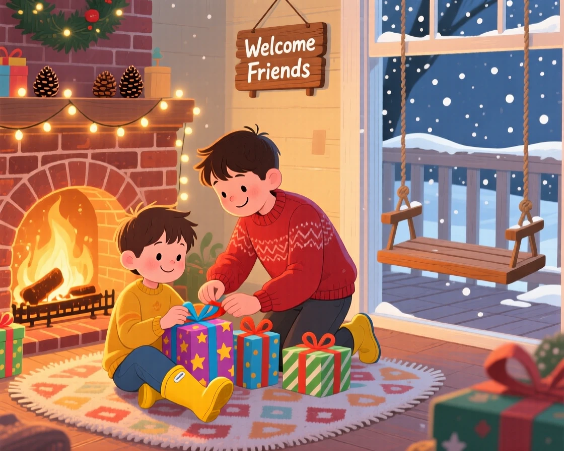 With her older brother close by, a boy in rain boots is wrapping presents by the fireplace, while the porch swing creaks gently.