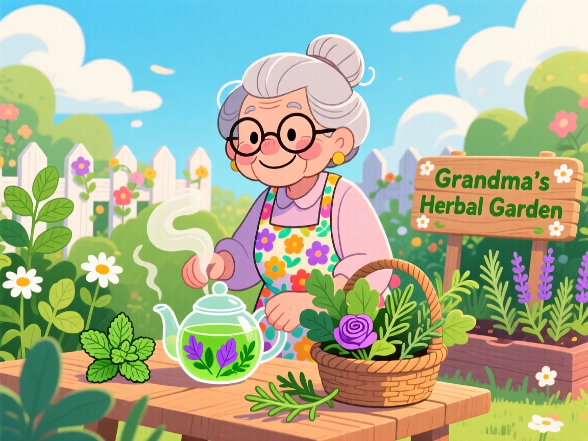 A grandmother steeping herbal tea from her own garden herbs.