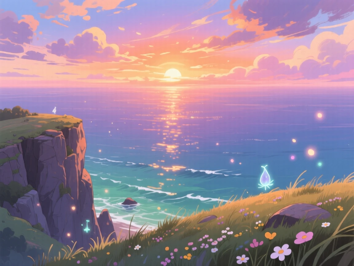 A stunning view of a glowing sunset melting into the horizon over open ocean, seen from high above, sweeping and vast.