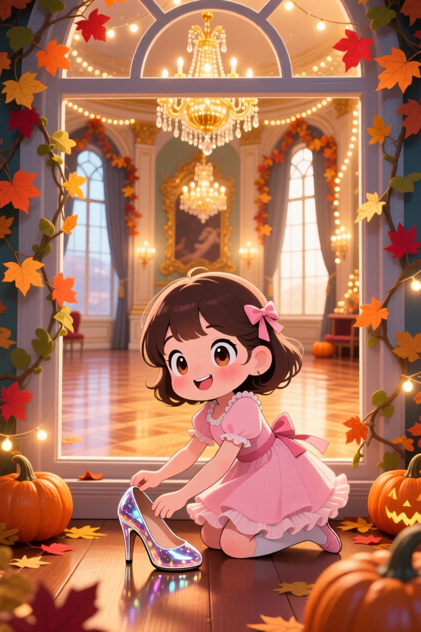Framed through a window: a young girl, trying on a glass slipper with a hopeful smile, set against an elegant storybook ballroom during golden autumn harvest season, with warm fairy-light glow and a mood of playful mischief.