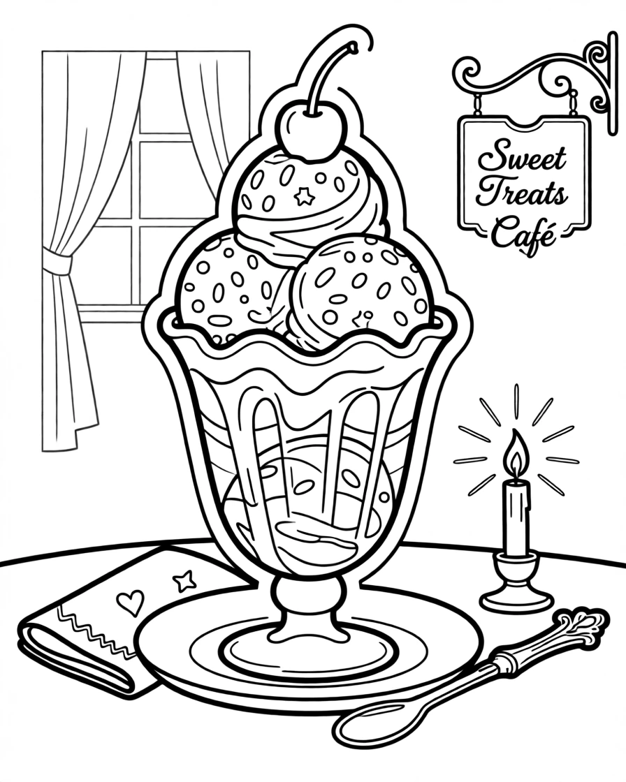 An ice cream sundae topped with sprinkles and a cherry, with a warm, inviting glow over the whole scene.