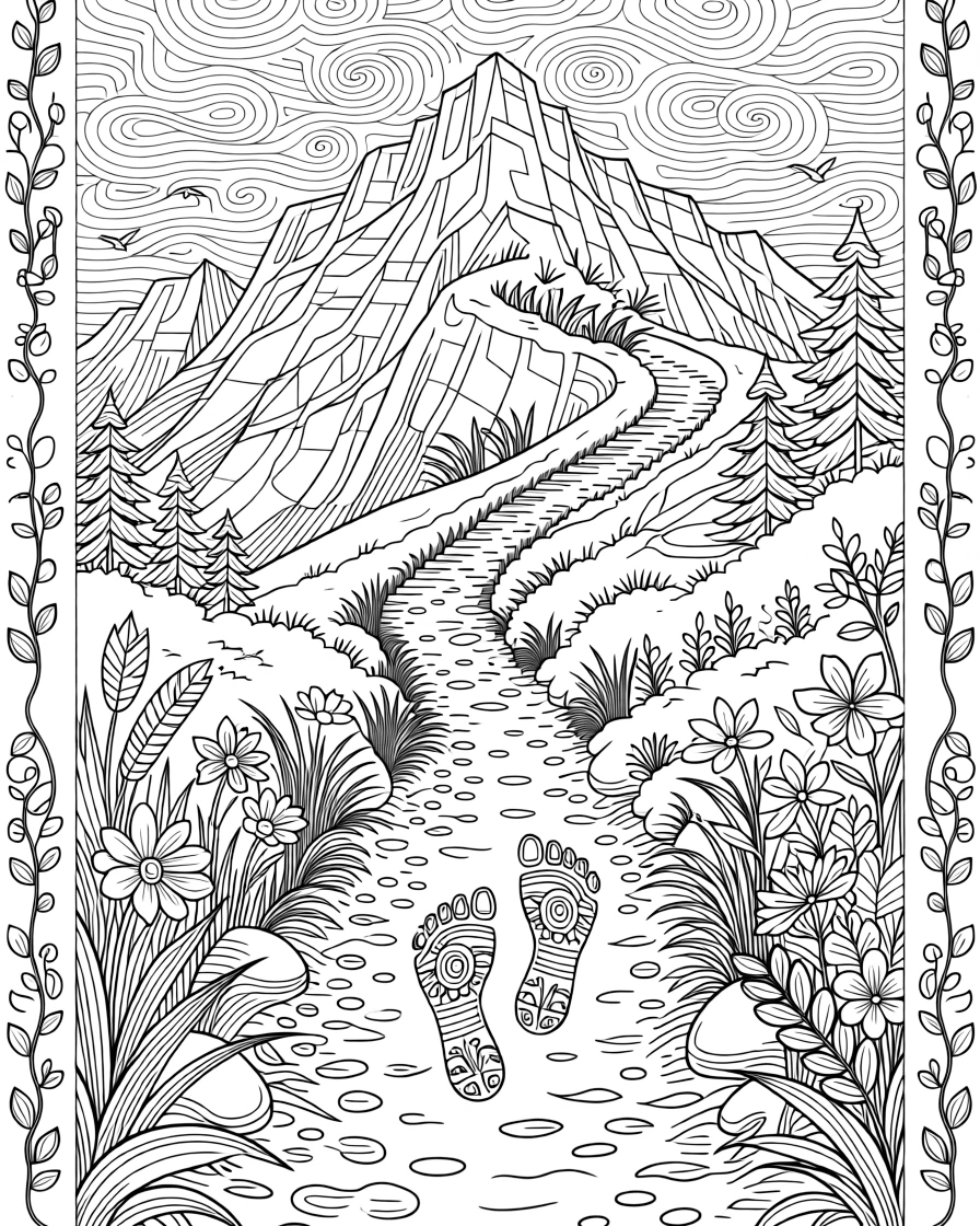 A pair of footprints leading up a mountain trail toward the summit.