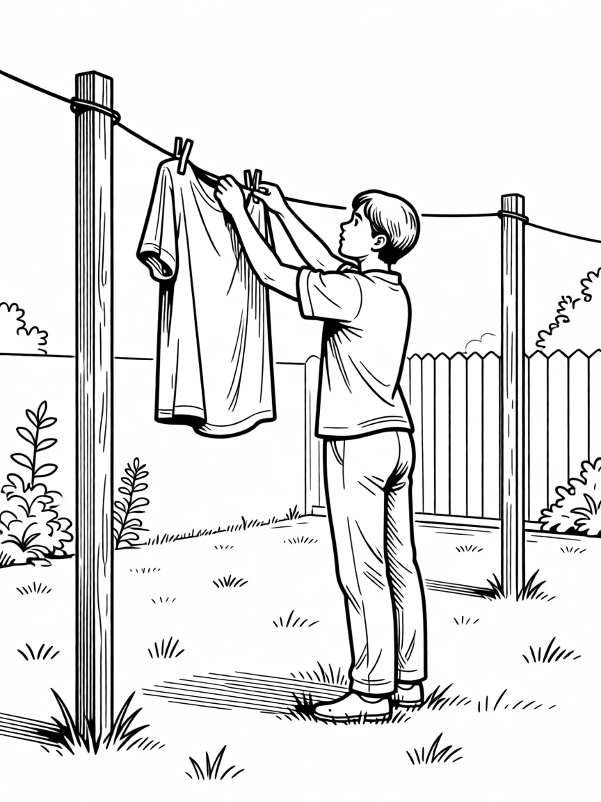 A person hanging laundry on a clothesline in the backyard
