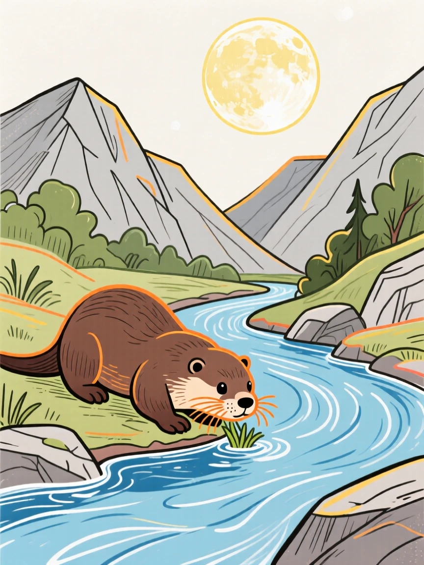 A playful otter grazing beside a mountain stream under a full moon.