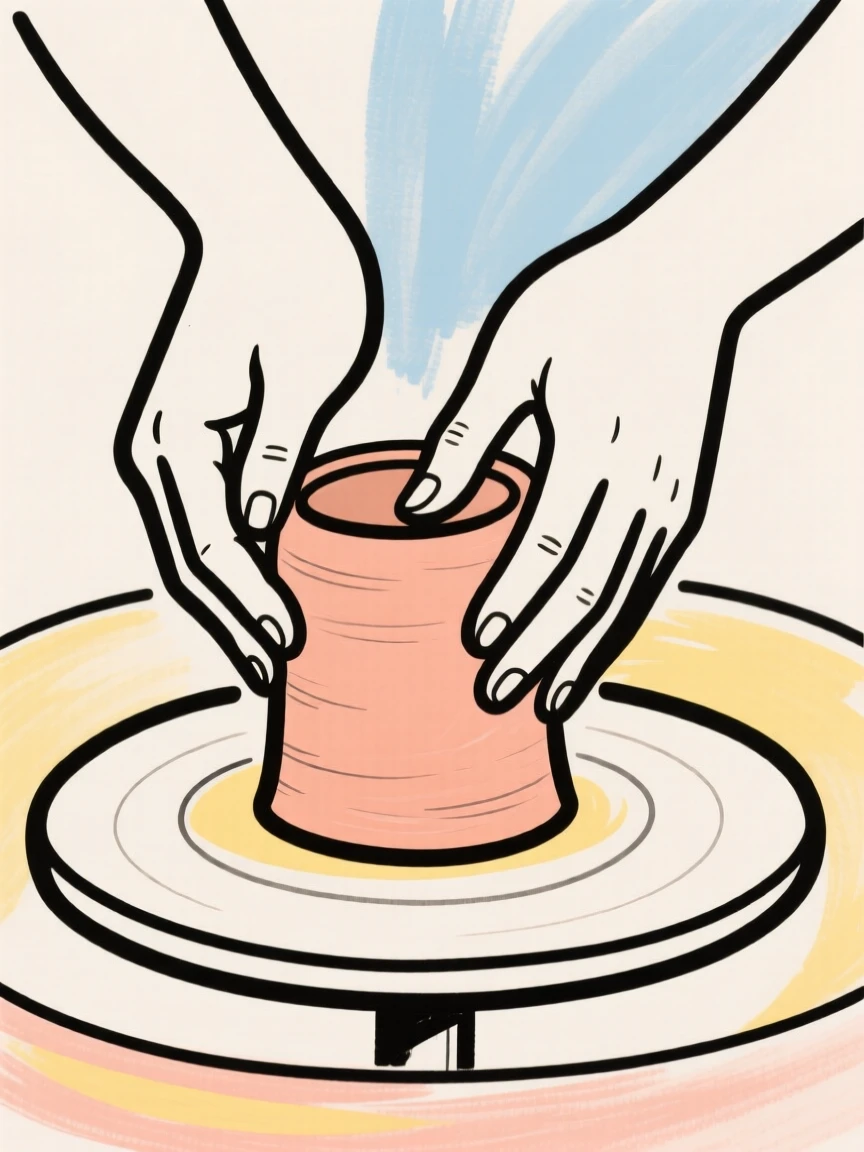 Hands shaping clay on a wheel